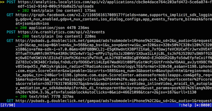 Snippet of HTTP and HTTPS traffic from ESPN iOS app on mitmproxy