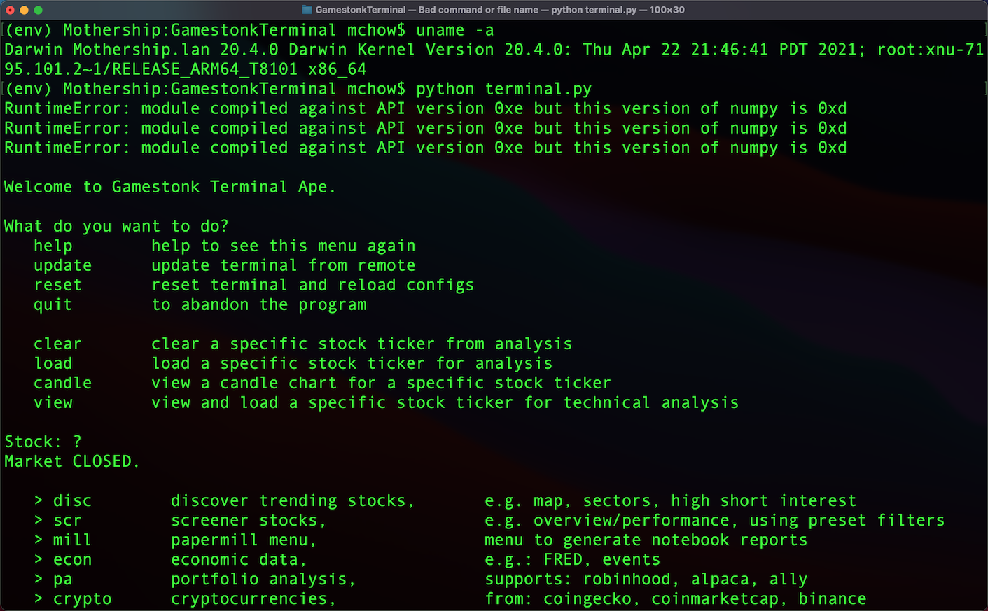 Gamestonk Terminal running on Apple M1