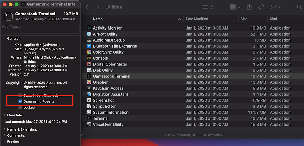 Enable "Open in Rosetta" in copy of Terminal app